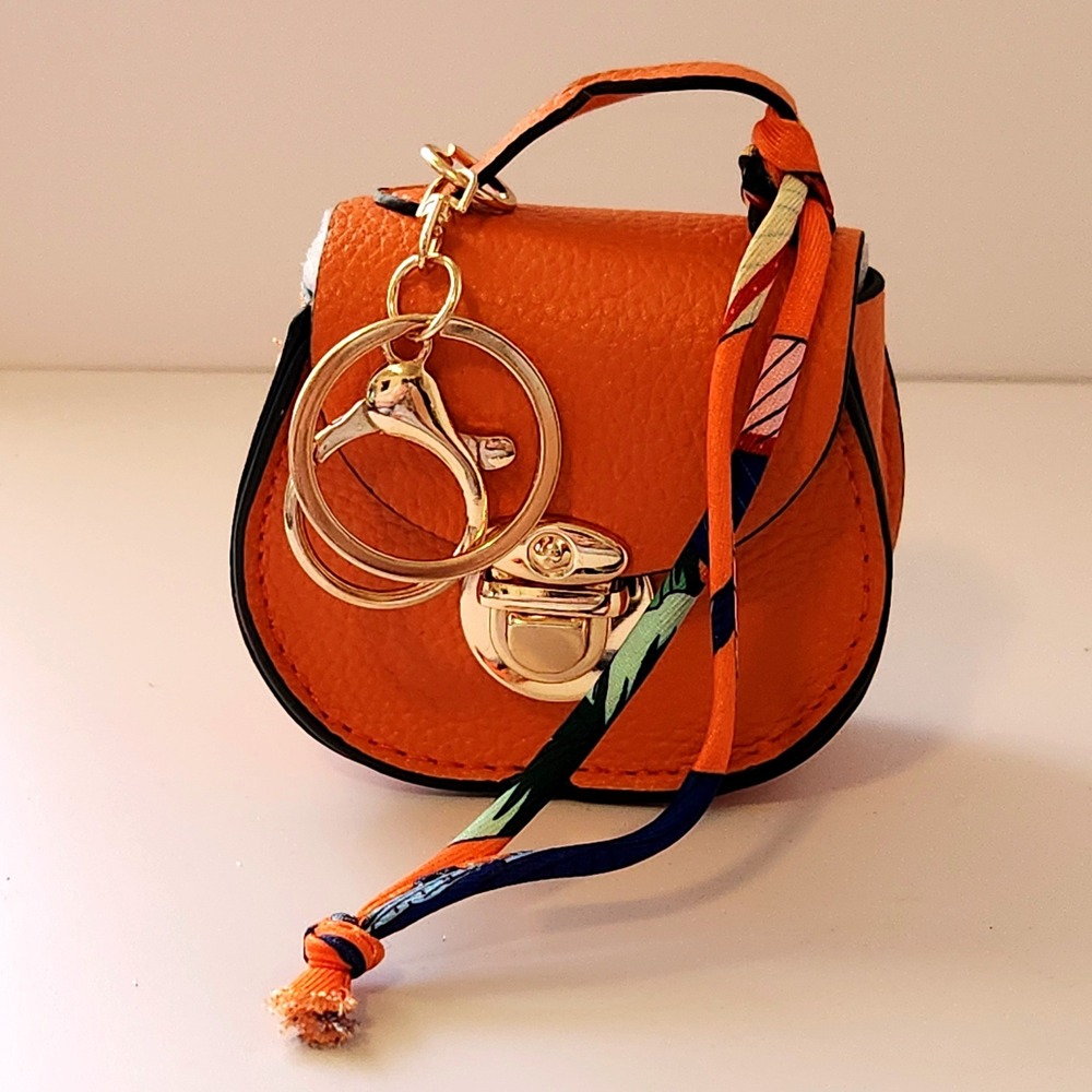Orange Pebbled Faux Leather Mini Bag Charm Keychain with Twilly Scarf Gold Tone